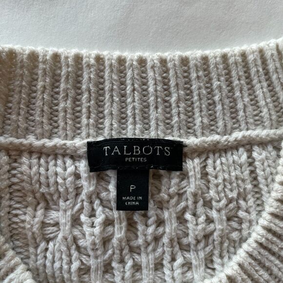 Talbots Petites Ivory Cotton Blend Mixed Cable Knit Crew Neck 3/4 Sleeve Sweater - Picture 4 of 8